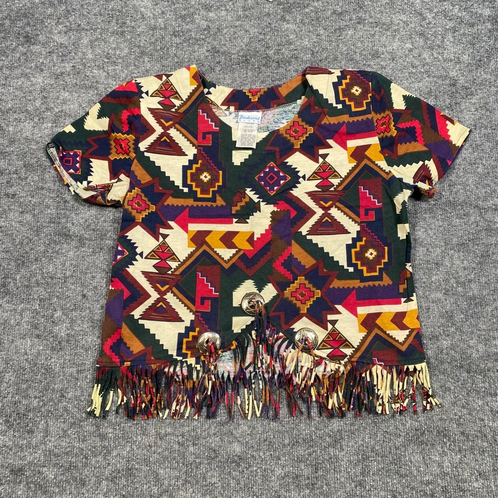 Backroad Blues Vintage 90s Southwestern Fringe Concho Top Womens Medium USA Made